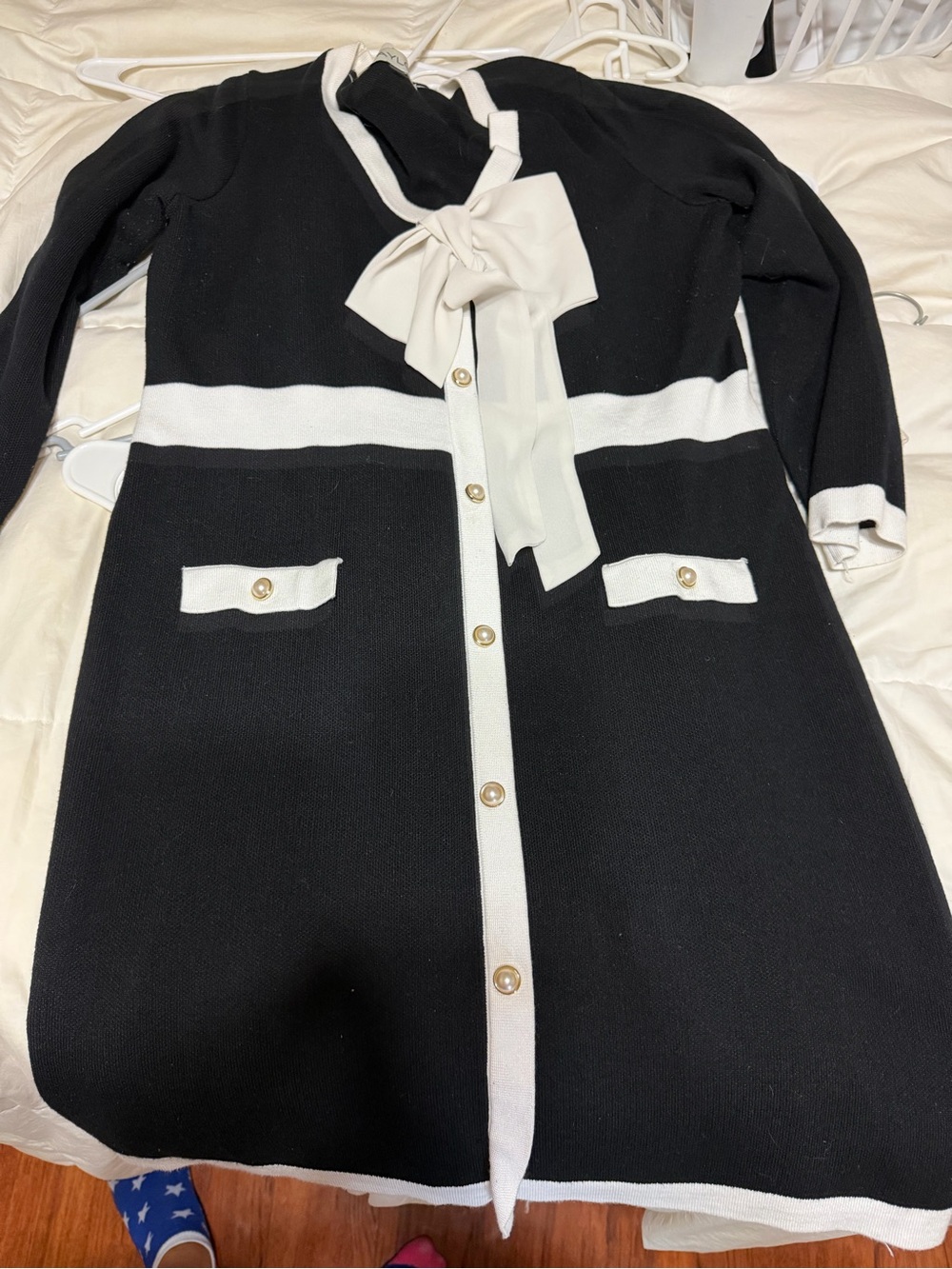 Taylor Black and White Bow-Accent Knit Dress